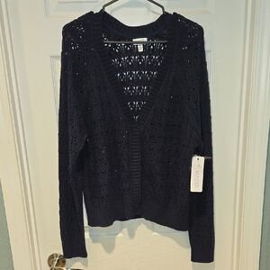 (New) Olivia Sky Navy Blue Open-Knit Button Down Sweater Size XL